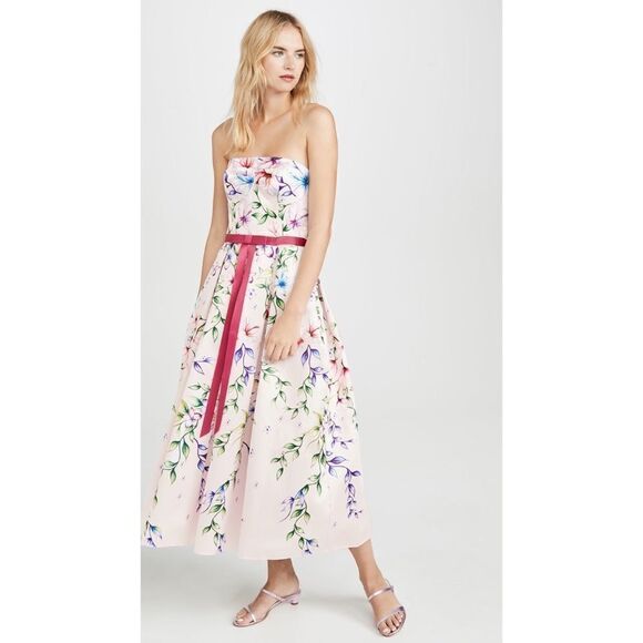 Marchesa Strapless Printed Mikado Corseted Dress